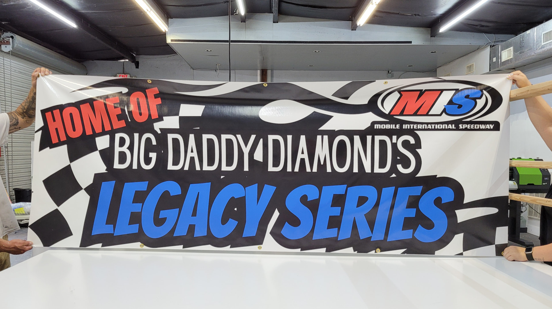 Full color vinyl banner printed for Big Daddy Diamond's Legacy Series at Mobile International Speedway